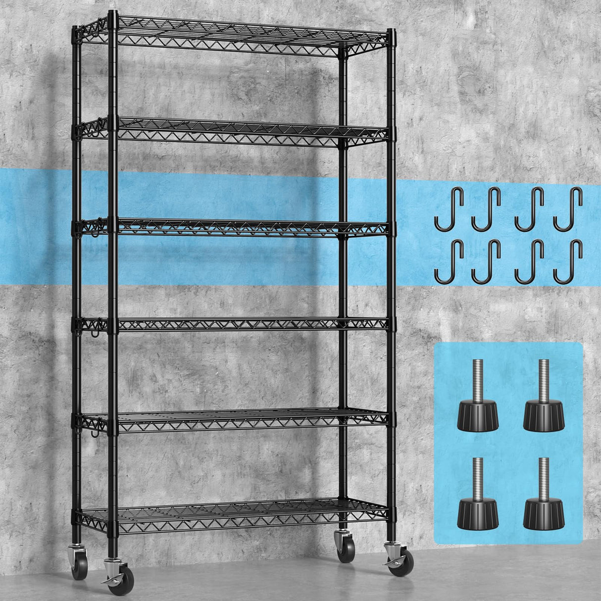 Hodonas 2300LBS Wire Shelving Unit, 36"W x 14"D x 75"H Metal Standing Shelf Units with Wheels / Leveling Feet, 6 Tier, Adjustable, Heavy Duty, and NSF Storage Shelves, Rolling Metal Shelving Wire Rack Hodonas