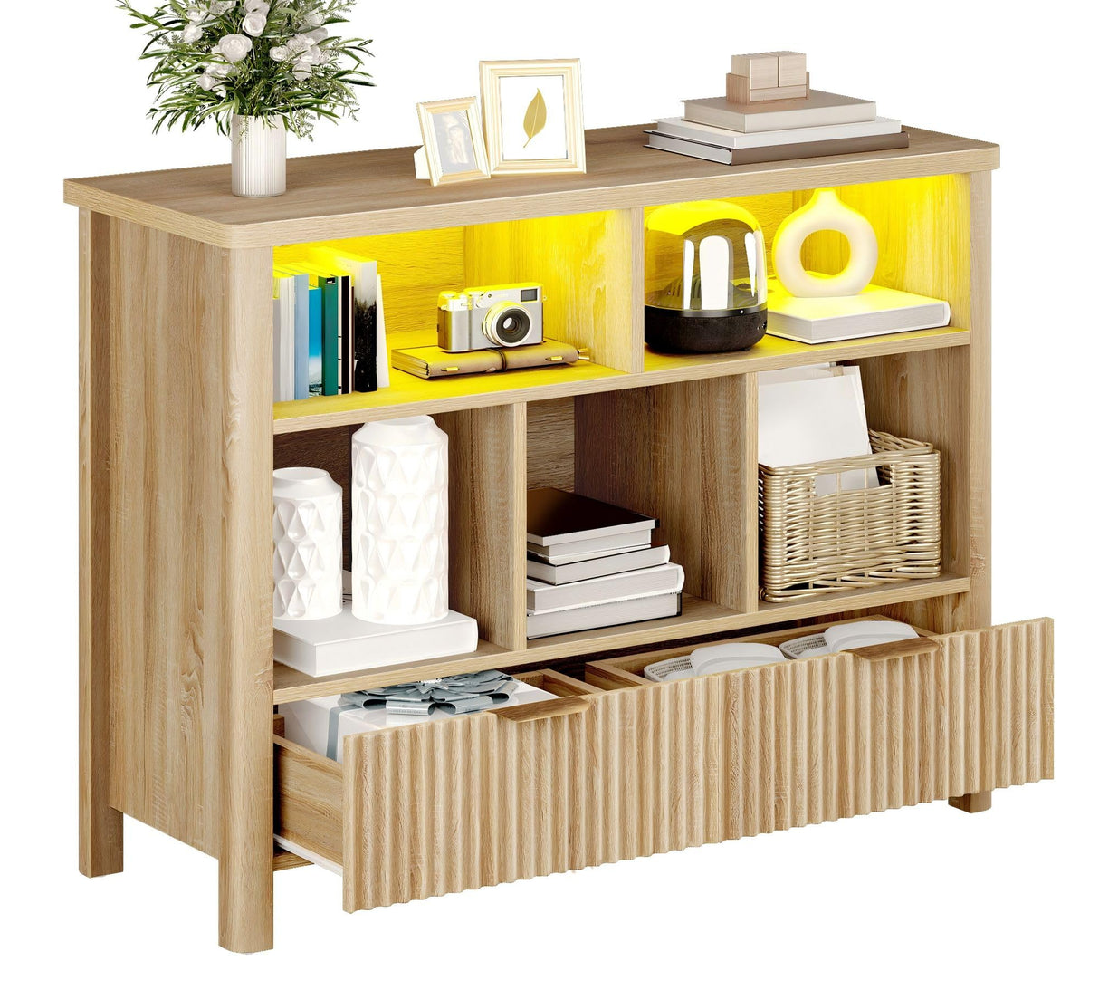 YITAHOME Bookcase with Drawers, Fluted Wood Cubby Storage Organizer Shelf Cube Bookshelf with Adjustable LED Lighting, Modern Horizontal Bookshelf for Living Room, Office, Entryway, Oak YITAHOME