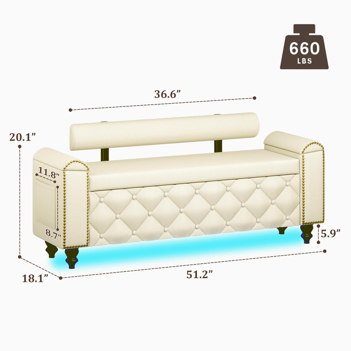 BYSAUD 51" Storage Bench, End of Bed Bench with LED Lights & Curved Arm, Upholstered Ottoman Bench with Storage, Bedroom Bench with Tufted Button & Nailhead Trim for Living Room Entryway, Beige BYSAUD