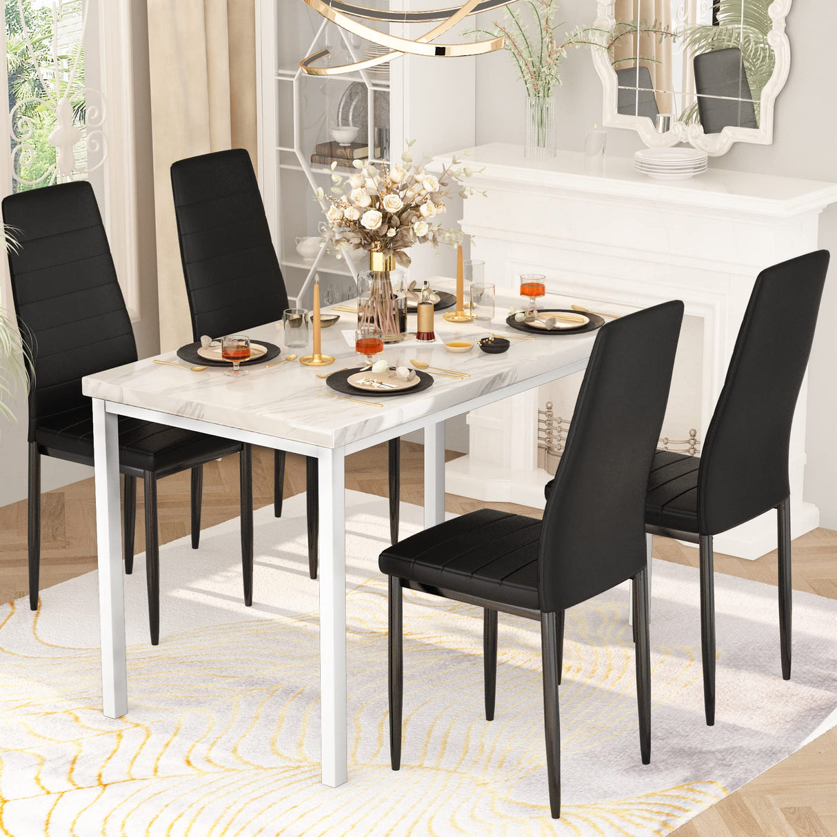Hooseng Dining Table Set for 4- Space Saving Kitchen Table and Chairs for 4, Modern Style Faux Marble Tabletop & 4 PU Leather Chairs, Perfect for Dining Room,Breakfast Corner Small Spaces,White&Brown Hooseng
