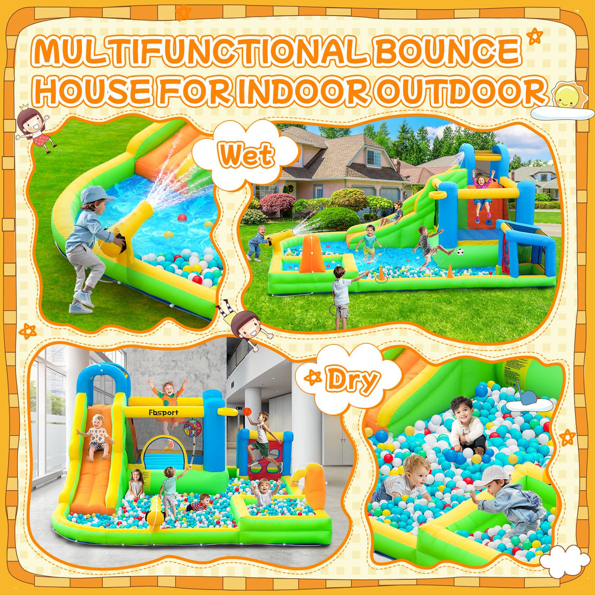 FBSPORT Inflatable Bounce House, 9 in 1 Water Slide with Blower, Bouncy House for Kids Indoor Outdoor Wet Dry Combo Water Bounce House with Football Shooting, Water Gun, Splash Pool, Bounce Area, Hose FBSPORT