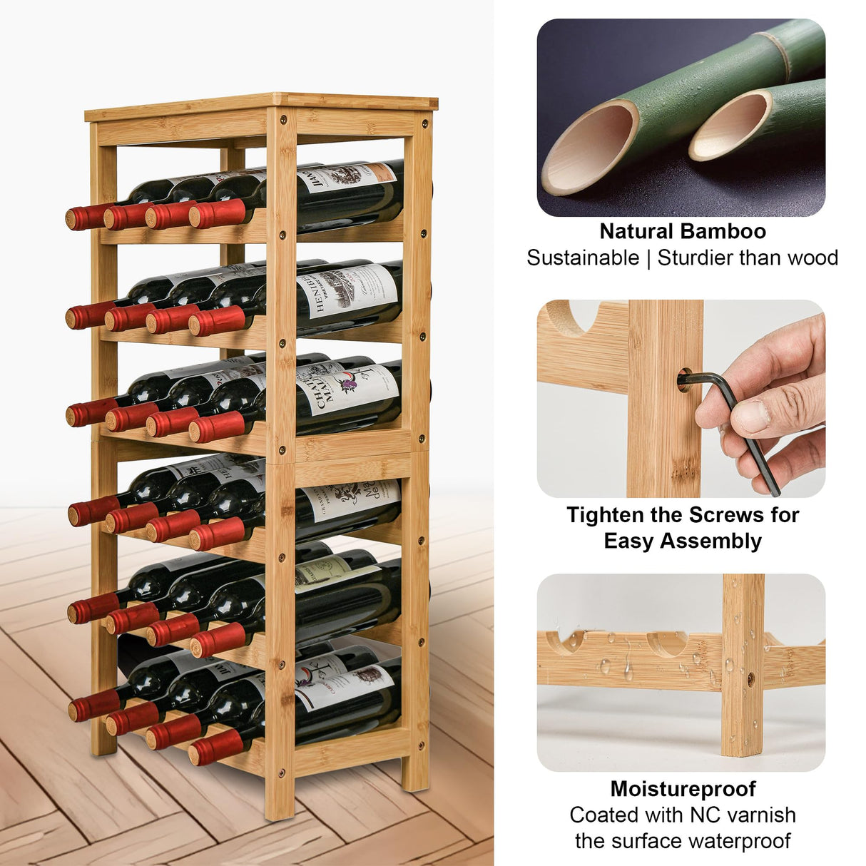 VASMIA Wine Rack Free Standing Floor, 6-Tier Display Wine Storage Shelves with Table Top, 24-Bottle Bamboo Wine Rack Shelf for Kitchen Bar Dining Room Living Room, Natural VASMIA