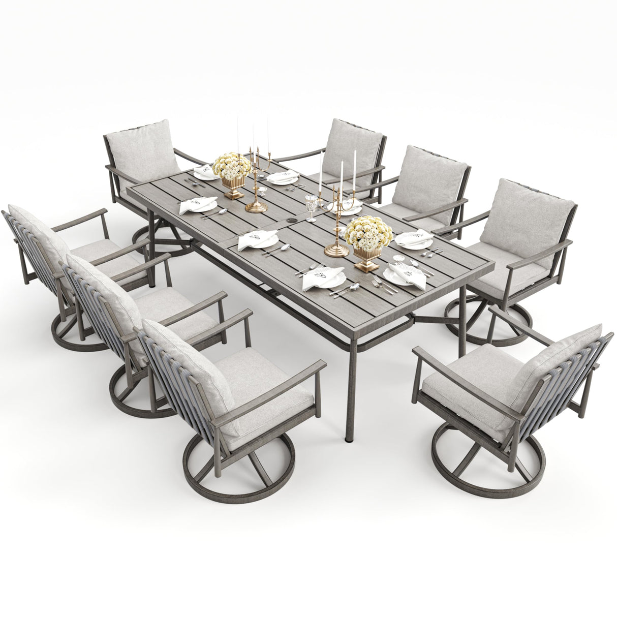 HAPPATIO 9-Piece Patio Table and Chairs Set for 8, Aluminum Outdoor Dining Set with Cushions, 8 Swivel Dining Chairs, 1 Large Rectangular Table with Umbrella Hole for Lawn, Porch, Backyard, Grey HAPPATIO