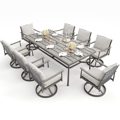HAPPATIO 9-Piece Patio Table and Chairs Set for 8, Aluminum Outdoor Dining Set with Cushions, 8 Swivel Dining Chairs, 1 Large Rectangular Table with Umbrella Hole for Lawn, Porch, Backyard, Grey