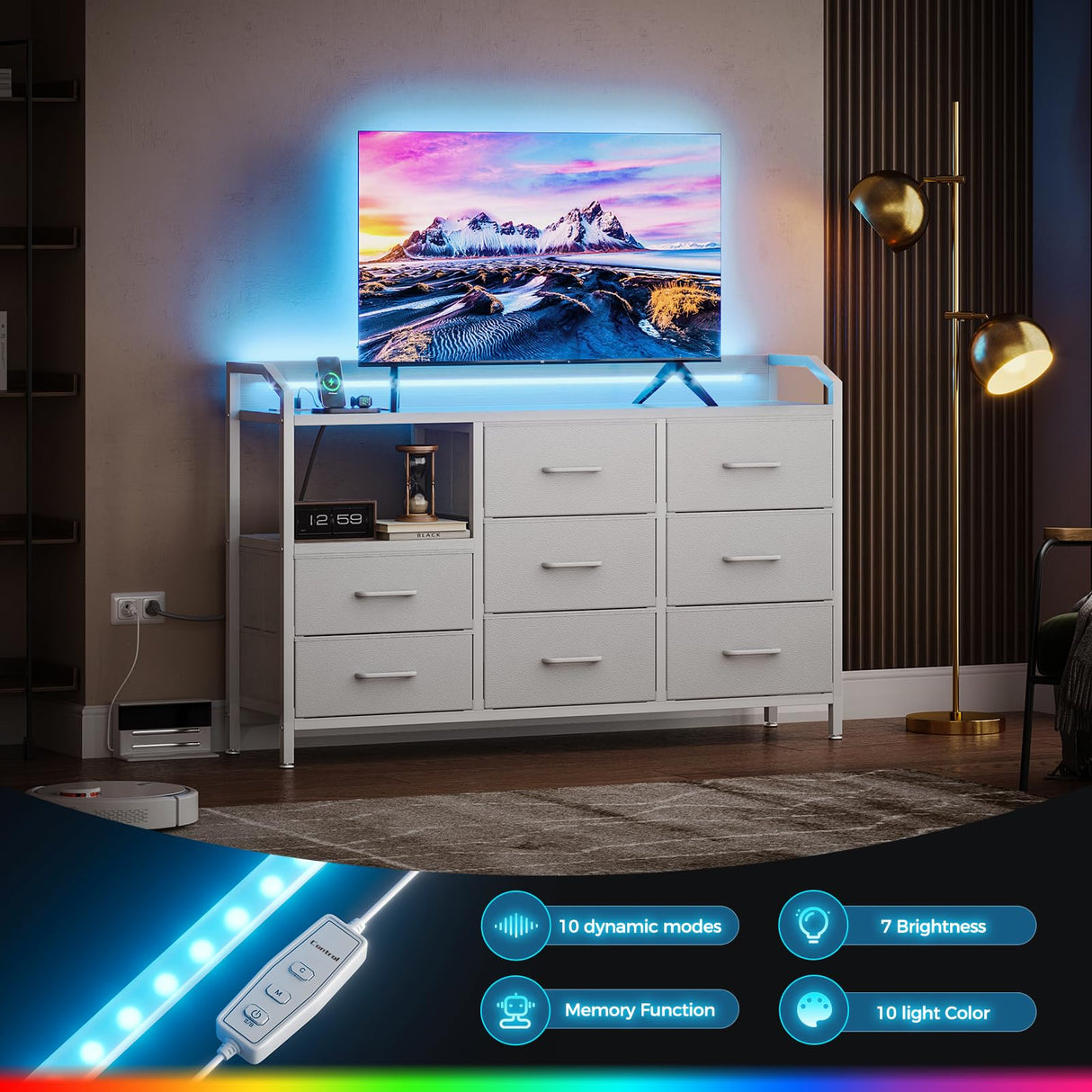 KKL White Dresser for Bedroom with Light Strip & Power Outlet — 8 Drawers Dressers & Chest of Drawers with Shelf, Wood Top, Metal Frame, Wide Dressers for Girls Bedroom, Living Room, Hallway, Closet KKL