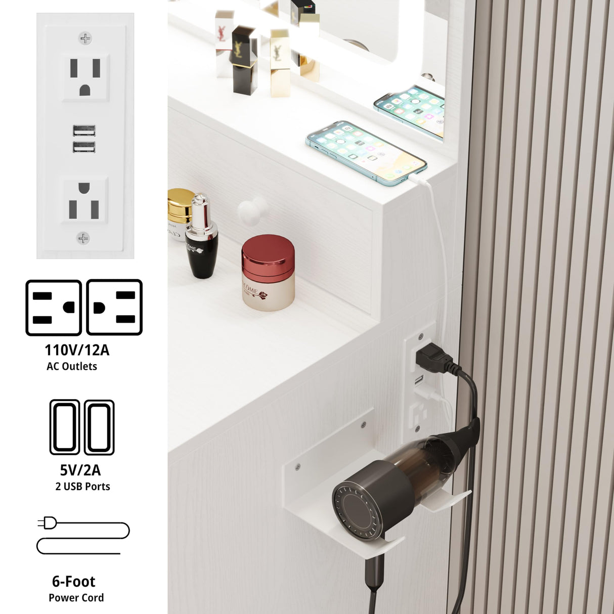 LIKIMIO Vanity Desk with LED Lighted Mirror & Power Outlet & 4 Drawers, Makeup Table Set with Storage Stool and Hair Dryer Stand, White LIKIMIO