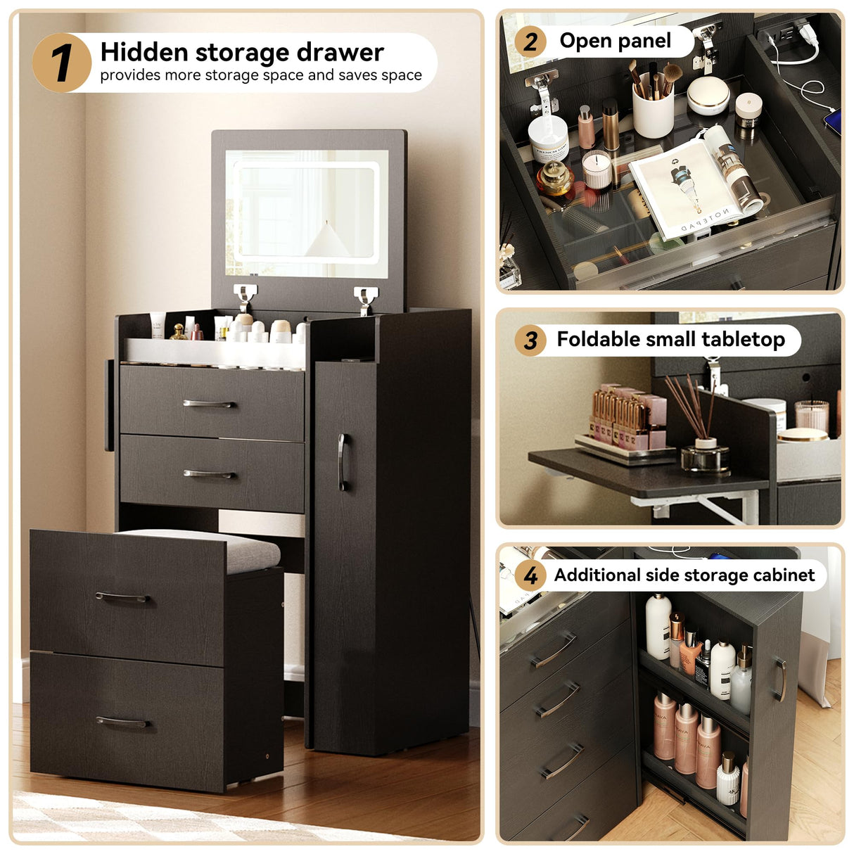 Herture 3 in 1 Vanity Desk with Flip Top Mirror, LED Lights, Side Cabinet,Collapsible Desk Panel, Hidden Stool with Storage, Small Makeup Vanity Table with Power Outlets, Compact Vanity, Black PT01DTB Herture