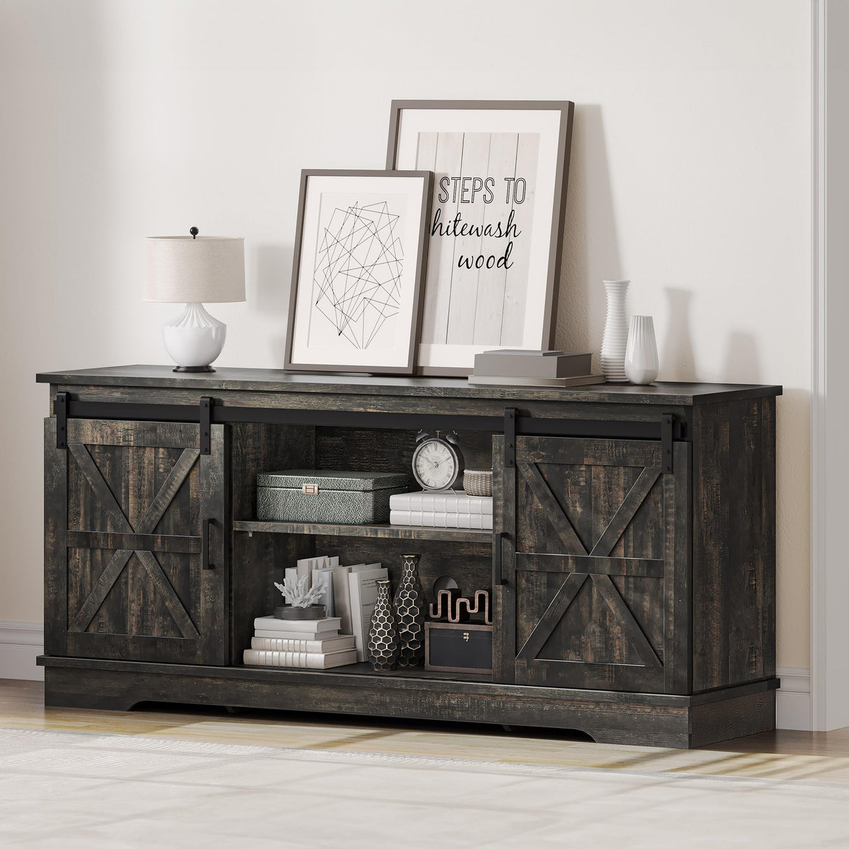 DWVO TV Stand for TVs up to 65 Inch, Farmhouse Entertainment Center with Storage Cabinets and Sliding Barn Doors, Rustic Media TV Console Table for Living Room, Dark Rustic Oak DWVO