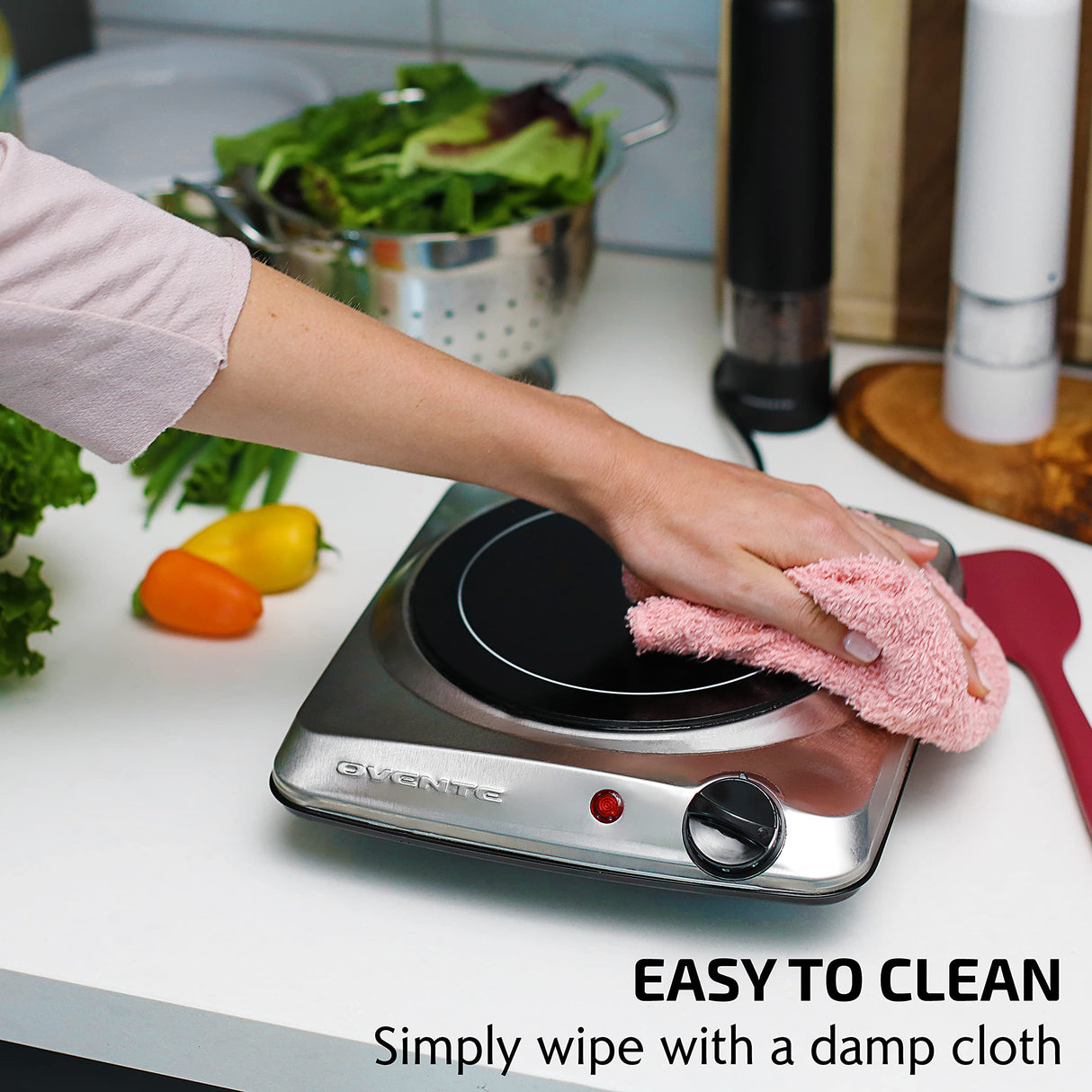 OVENTE Countertop Infrared Single Burner, 1000W Electric Hot Plate with 7” Ceramic Glass Cooktop, 5 Level Temperature Setting & Easy to Clean Base, Compact Stove for Home Dorm Office, Silver BGI101S OVENTE