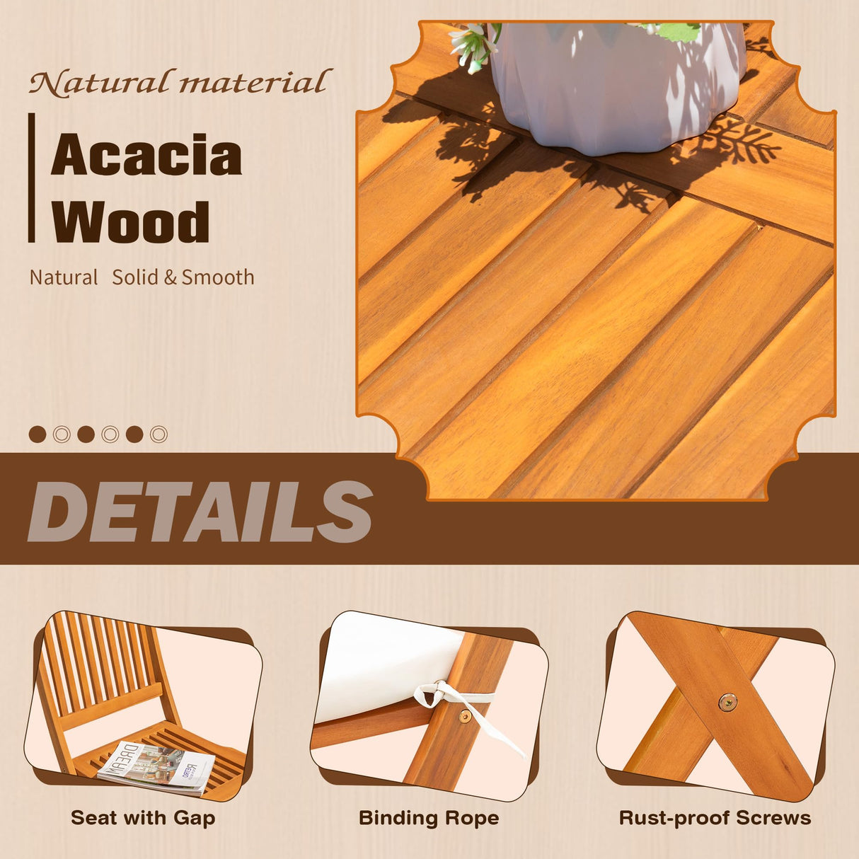 JUMMICO 3 Piece Folding Patio Chairs Outdoor Acacia Wood Bistro Set with Cushion Square Table and Chairs Porch Furniture for Balcony, Lawn, Deck JUMMICO
