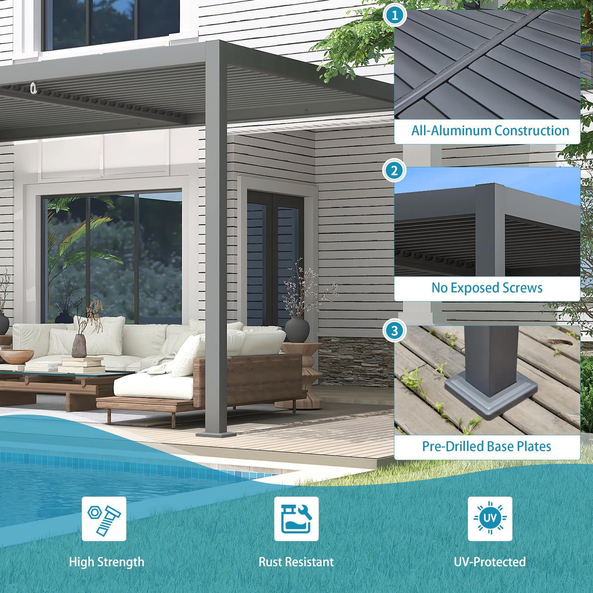 YOLENY Louvered Pergola 10x13, Wall-Mounted Aluminum Pergola with Adjustable Waterproof Roof, Outdoor Hard Top Lean-to Pergola for Backyard, Garden, Lawn, Dark Grey YOLENY