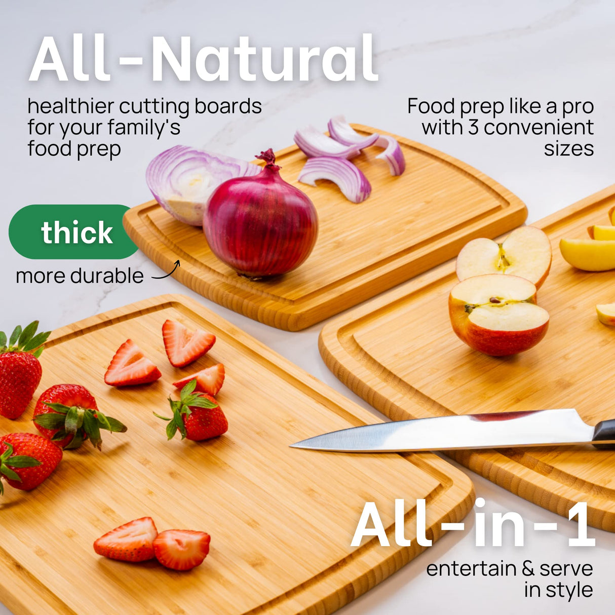 GREENER CHEF Organic Bamboo Cutting Board Set of 3 with Lifetime Replacements - 62% More Cutting Area, Single Tone Wood Chopping Boards with Juice Groove for Meat, Vegetables, and Cheese Greener Chef