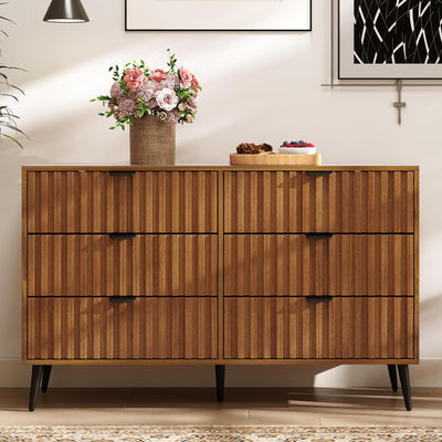 Furnivado Fluted Dresser for Bedroom with 6 Drawers, 47'' Wide Modern Dresser with Metal Handle, Natural Wood Dressers Organizer with Blister Drawers for Bedroom, Brown