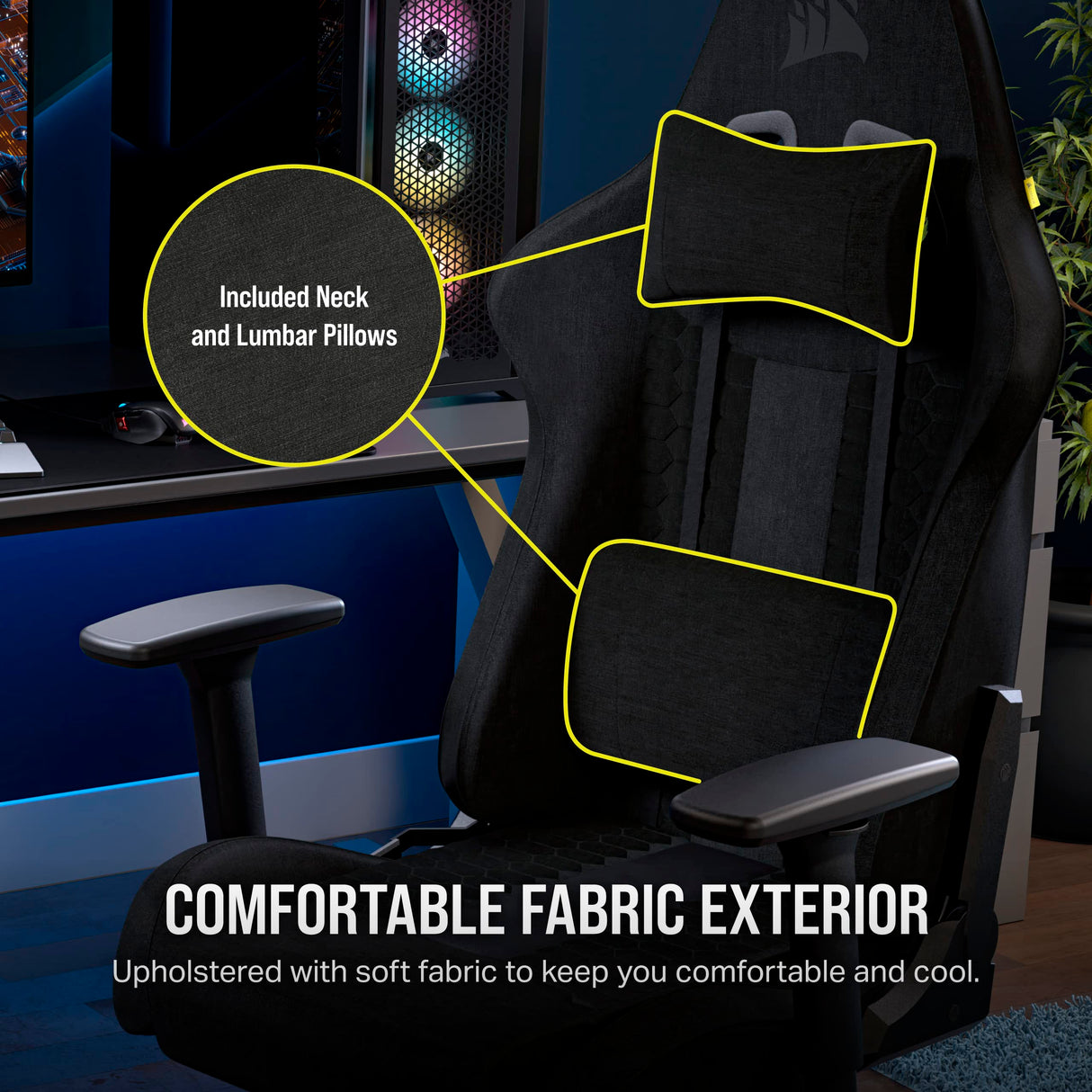 Corsair TC100 Relaxed Gaming Chair - Fabric - Racing-Inspired Design - Lumbar Pillow - Detachable Memory Foam Neck Pillow - Adjustable Seat Height - Adjustable Armrests - Black Corsair
