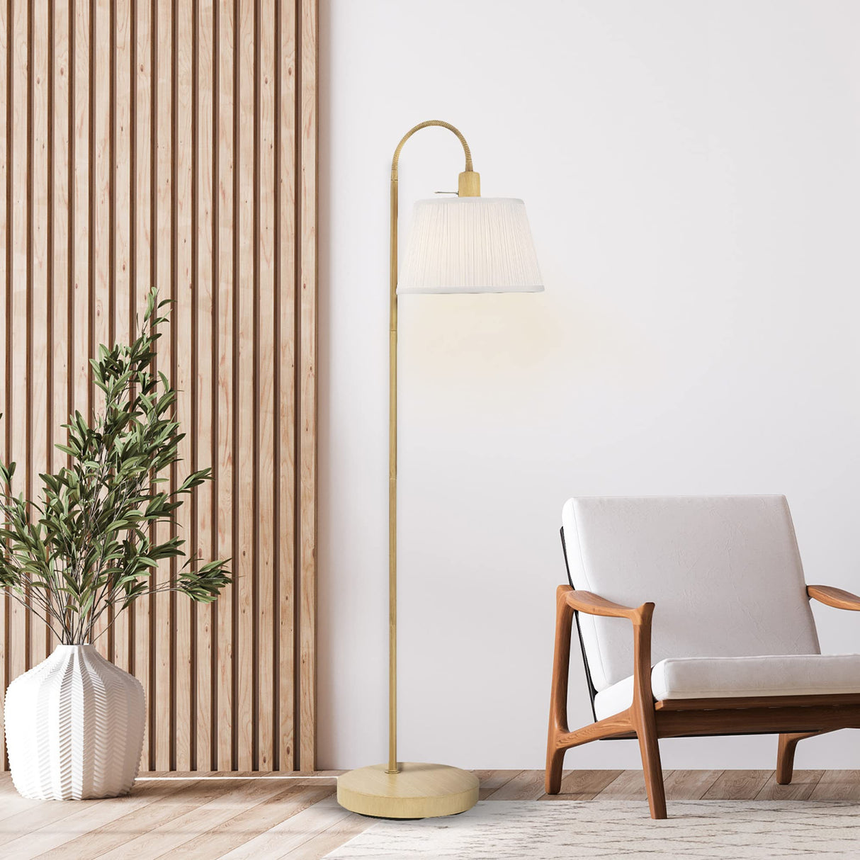 Globe Electric 65907 68" Floor Lamp, Light Faux Wood, White Pattern Shade, On/Off Rotary Switch on Socket Globe Electric