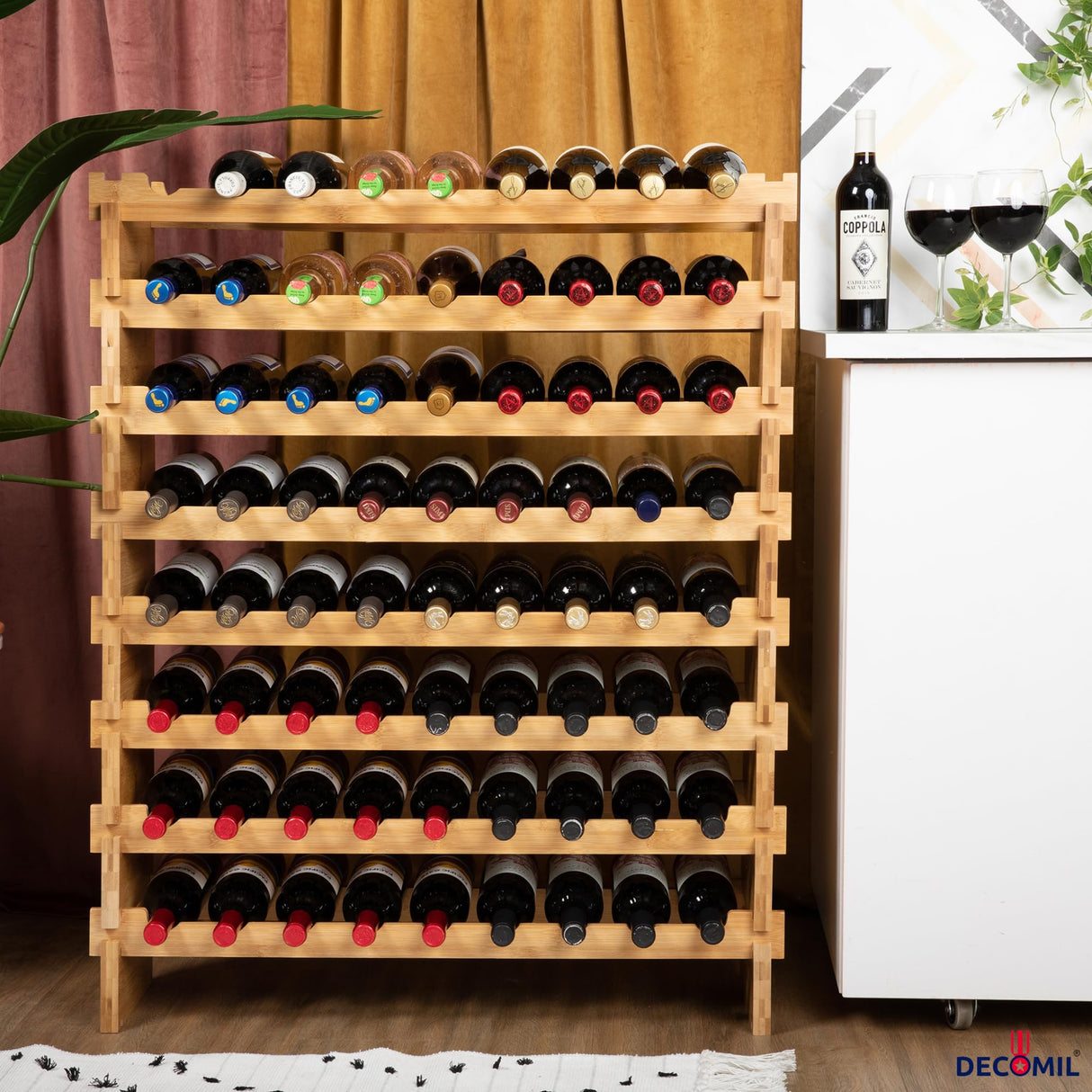 DECOMIL - 72 Bottle Stackable Modular Wine Rack Wine Storage Rack Solid Bamboo Wine Holder Display Shelves, Wobble-Free (Eight-Tier, 72 Bottle Capacity) DECOMIL