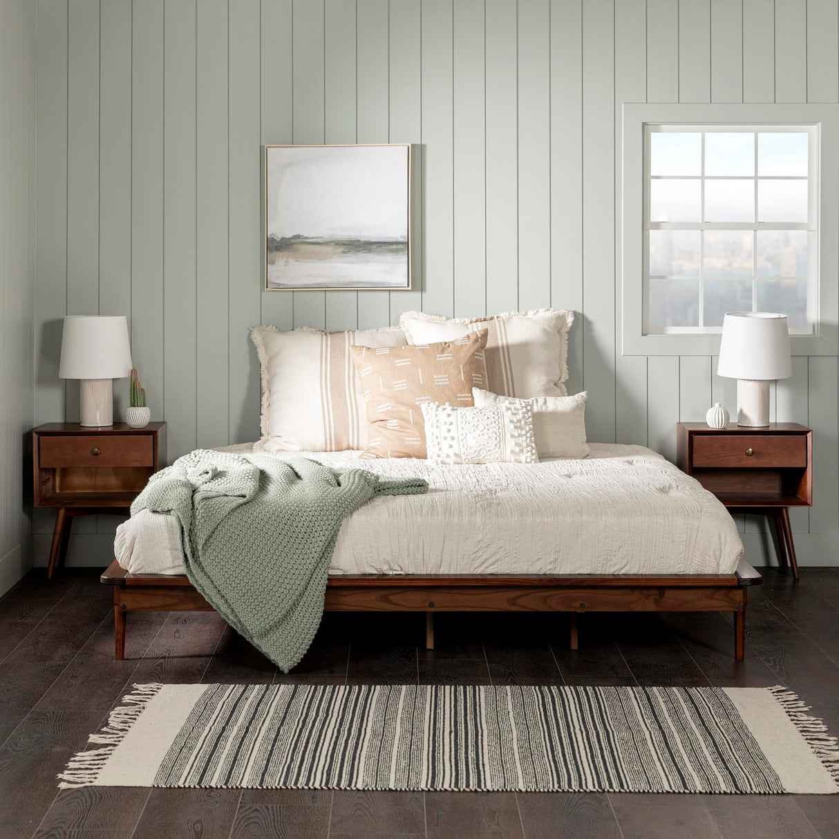 Walker Edison Mid Century Modern Solid Wood King Platform Bed with Headboard and Footboard - Walnut Finish Walker Edison