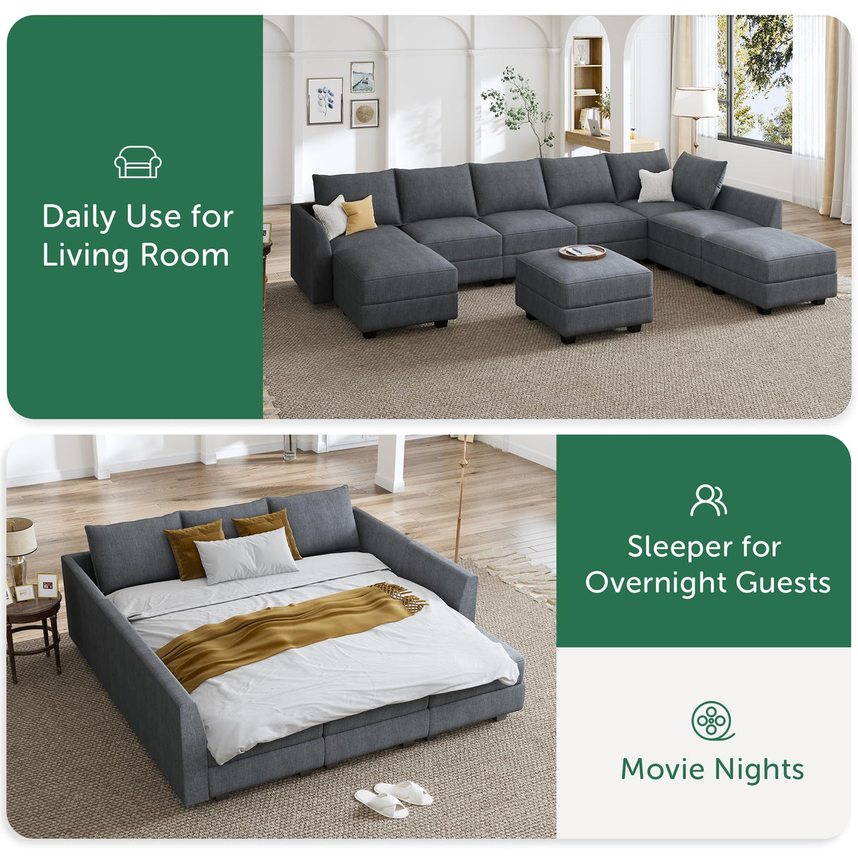 HONBAY Modular Sectional Sofa with Storage Reversible Sectional Modular Sofa Couch with Ottomans U Shaped Sectional Couch for Living Room, Bluish Grey HONBAY