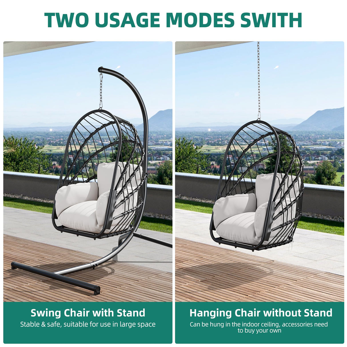 YITAHOME Hanging Egg Chair with Stand, Rattan Wicker Swing Egg Chair with Resistant Cushion, 300lbs Capacity, Foldable Hanging Basket Chair for Porch, Garden, Bedroom, Balcony - Grey YITAHOME