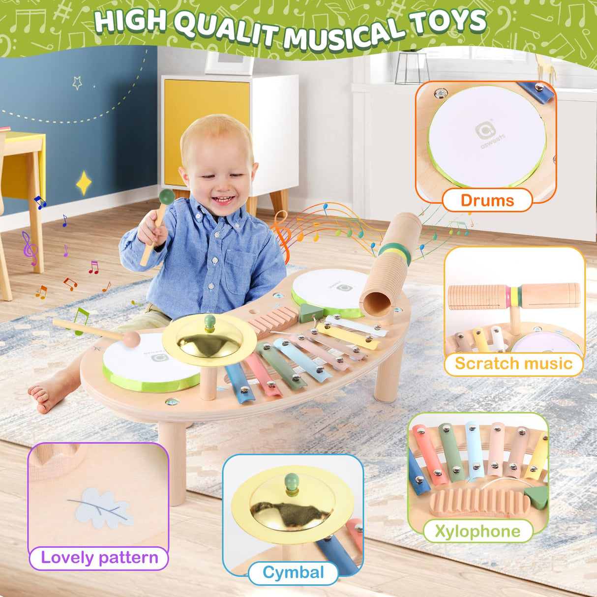 Asweets 7 in 1 Kids Drum Set for Toddlers Wooden Xylophone Musical Instruments Kit Play Set for Toddler Baby Drum Set Montessori Toys Sensory Toys Birthday Gifts for Girls Boys Asweets