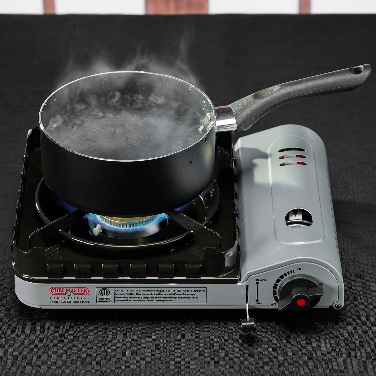 Chef Master 15,000 BTU Output Portable Butane Camping Stove, Peizo Click Ignition, Double Wind-Guard Portable Stove Burner for Emergencies, Tailgating, Hiking, Backpacking & Camping Essentials - 90019 Chef Master