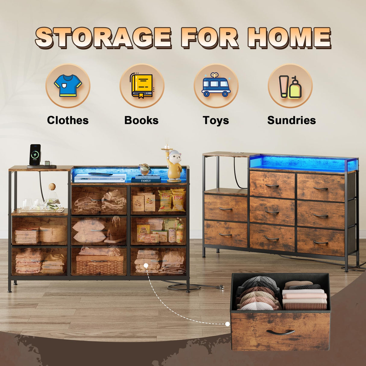 EKNKOZY Dresser with 8 Drawers, Chest of Drawers with LED Lights & Power Outlets, TV Stand Dresser for Bedroom, Wide Fabric Dresser with Shelf for Storage and Organization (Rustic Brown) EKNKOZY