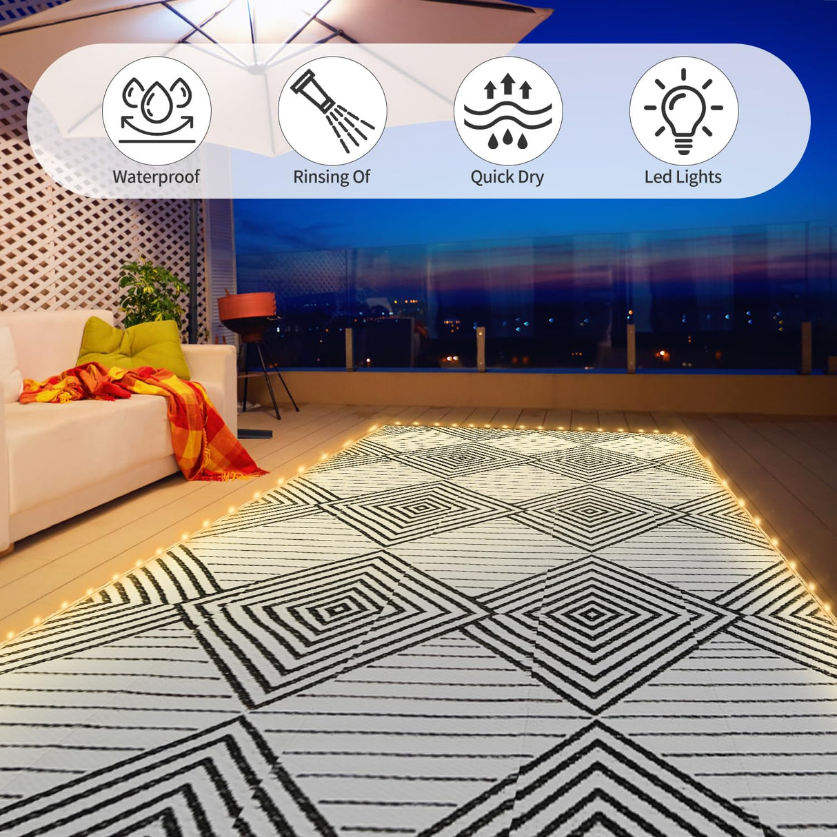6x9ft Waterproof Outdoor Rug with LED Lights, Foldable Reversible Plastic Straw Mat for Patio RV Camping Picnic Balcony Beach Deck Indoor Outdoor Carpet, Black&White DiiKoo