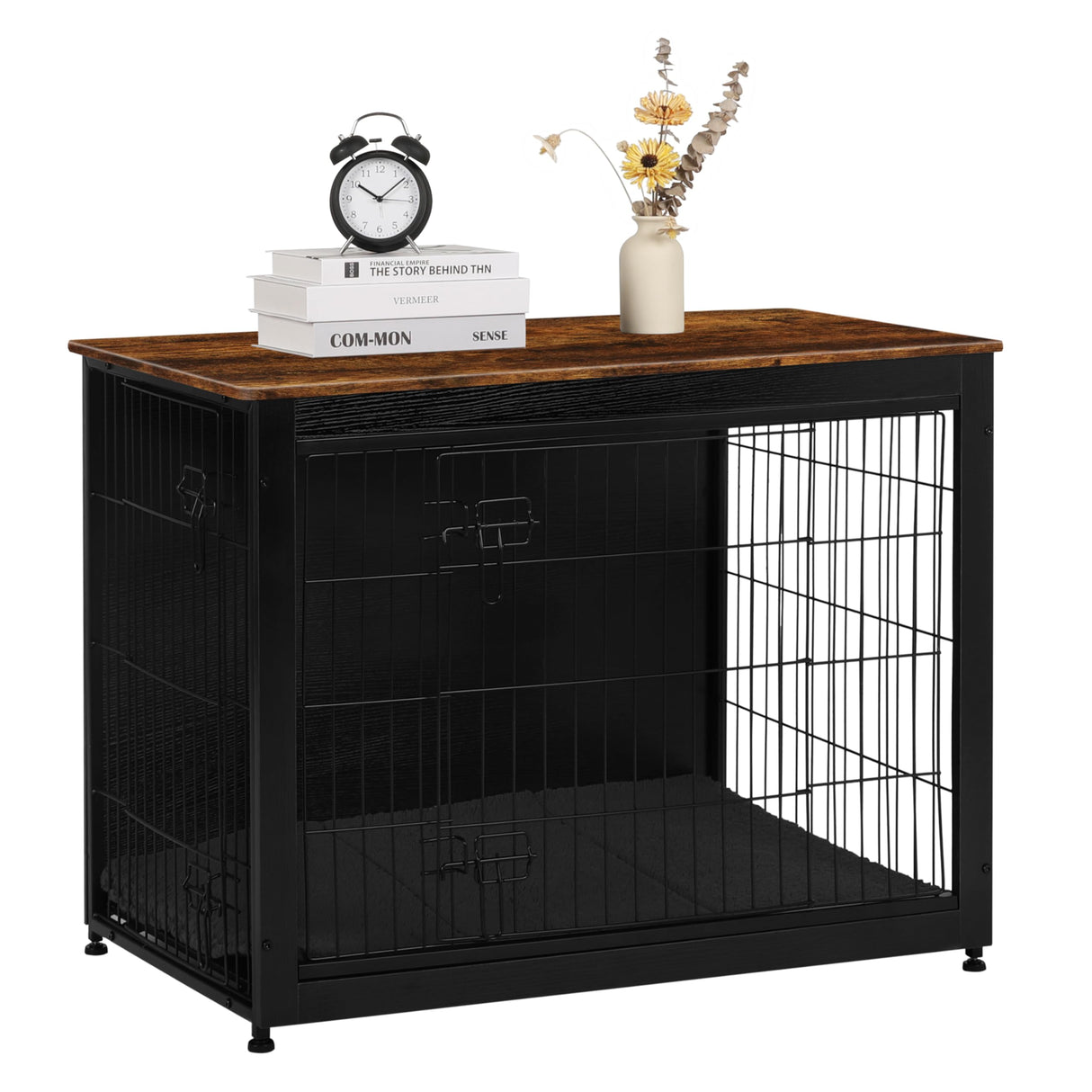 DWANTON Dog Crate Furniture with Cushion, Wooden Kennel Table with Double Doors, Indoor Dog House, Large Size, 38.5" L, Black+Rustic Brown Dwanton