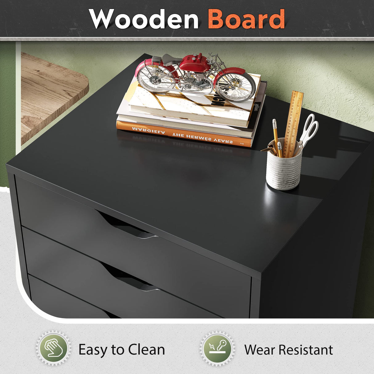 DEVAISE 5-Drawer Chest, Wood Storage Dresser file Cabinet with Wheels, Black DEVAISE