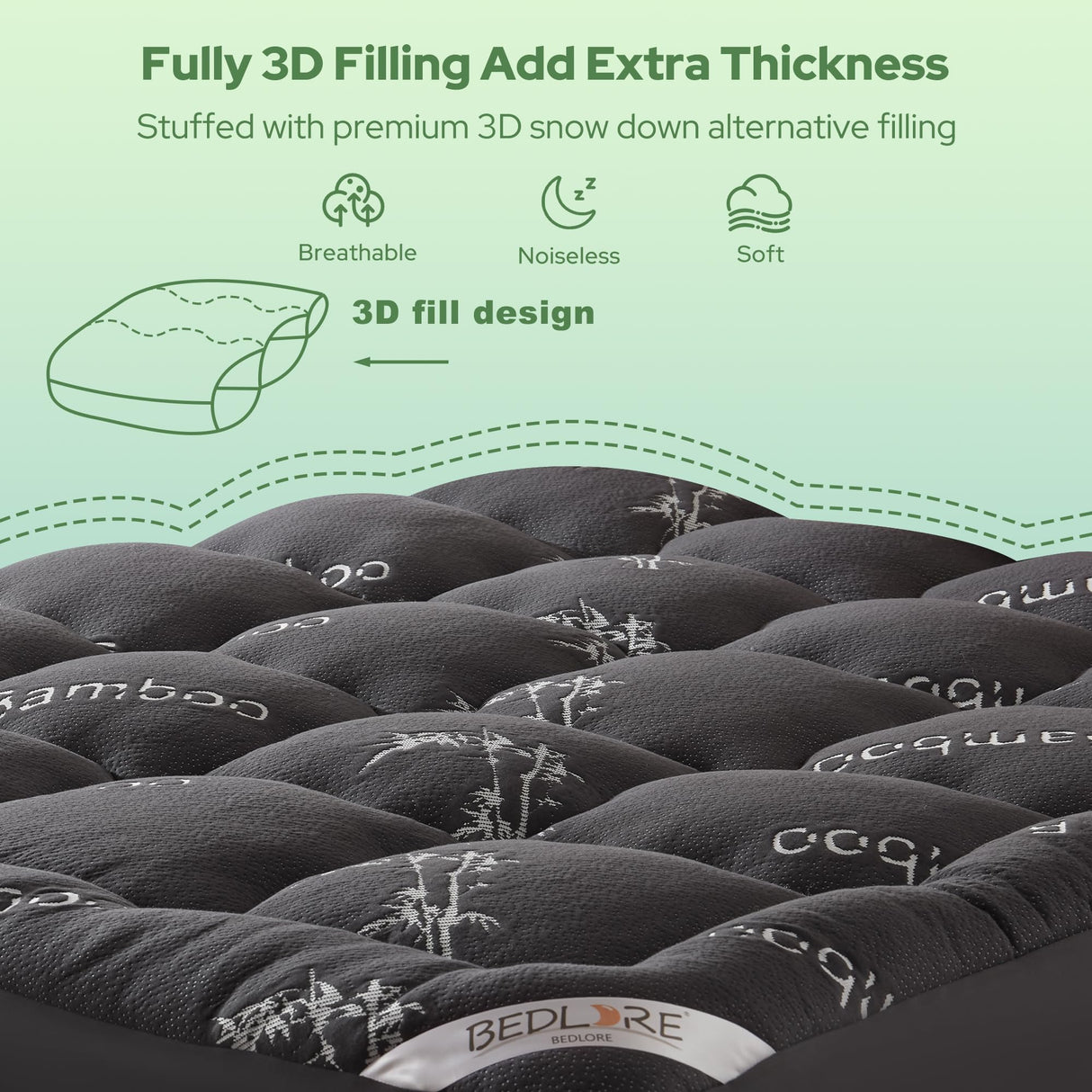 BEDLORE Twin Mattress Topper Viscose Derived from Bamboo, Thick Pillow Top Mattress Pad with Stretchable Pockets for 6"-15" Mattress, Soft Breathable Mattress Topper for Back Pain Relief(Dark Gray) BEDLORE