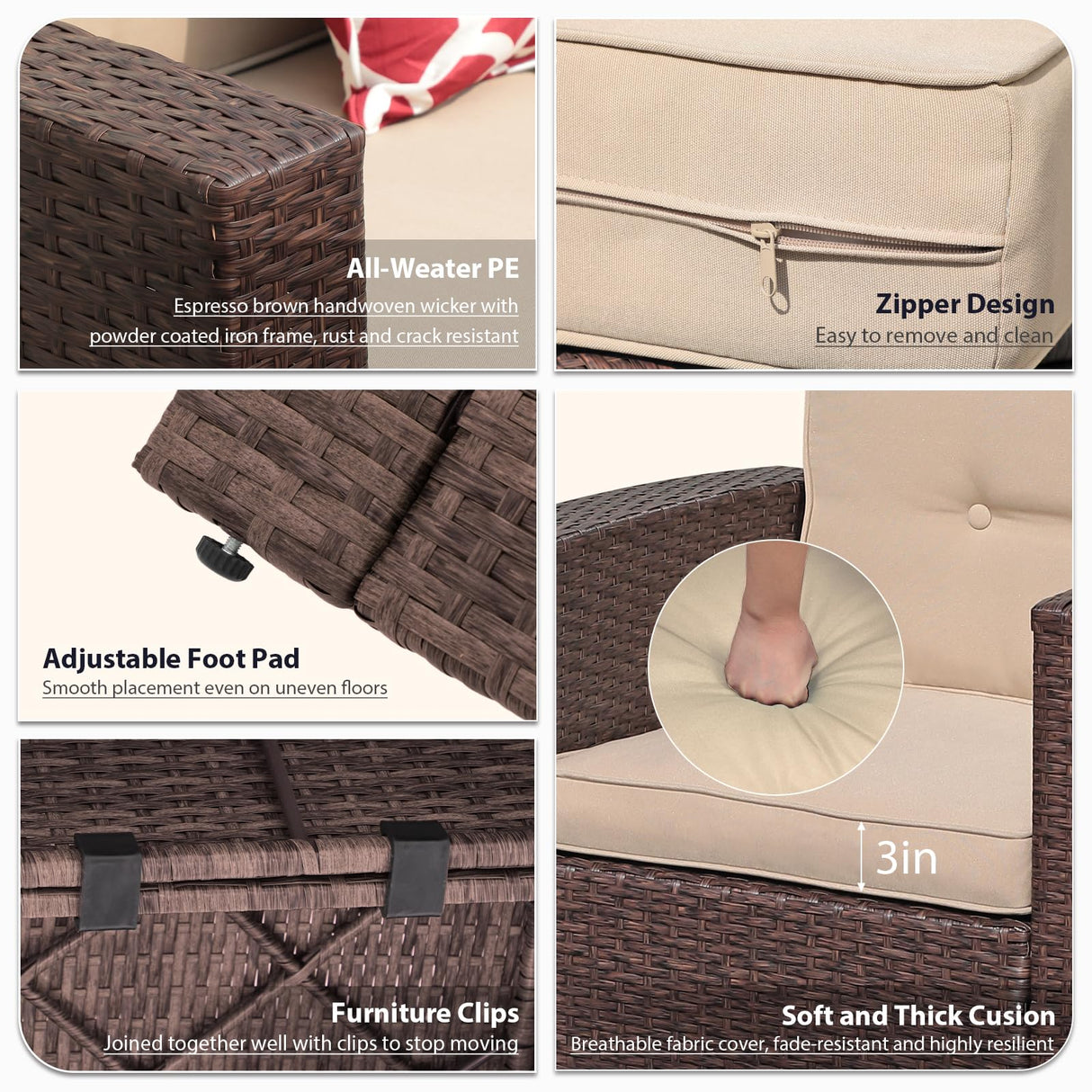 JOIVI 8 Pieces Patio Furniture Set with Fire Pit Table, Outdoor Sectional Conversation Set, Wicker Rattan Sofa Set with Storage Box for Garden, Poolside, Backyard, 3 Red Pillows Included, Brown JOIVI