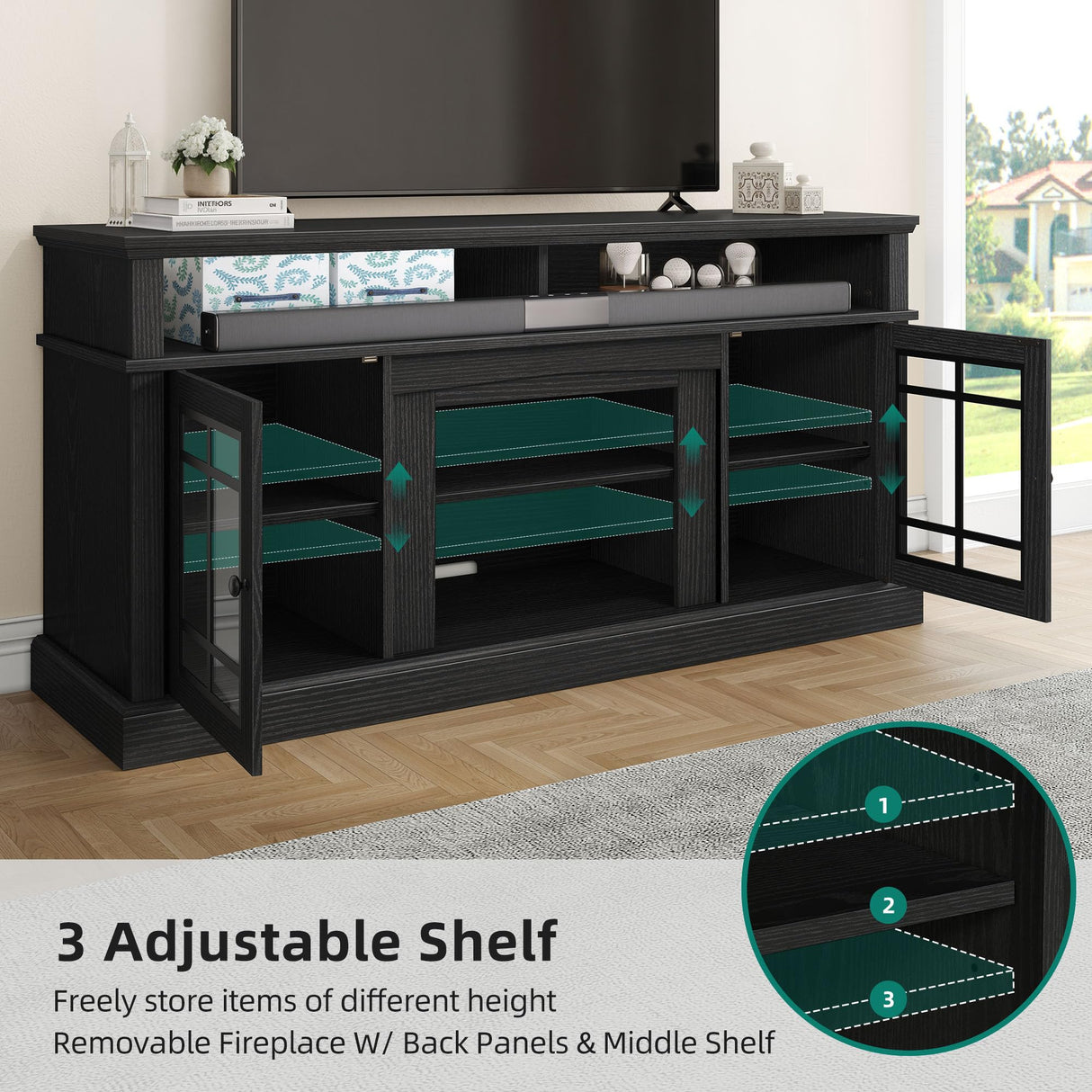 YITAHOME Black TV Stand for 75 Inch TV, LED Modern Entertainment Center with Adjustable Shelves and Glass Doors, 32'' Tall Television Stands TV Media Console Table for Living Room, Black YITAHOME