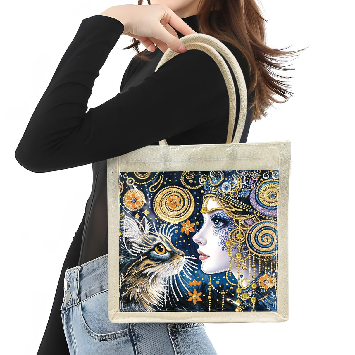 yzARTche Diamond Art Painting Handbag, DIY Diamond Art Handmade Tote Bag Shoulder Bag with Replaceable Pattern-07-Cat yzARTche