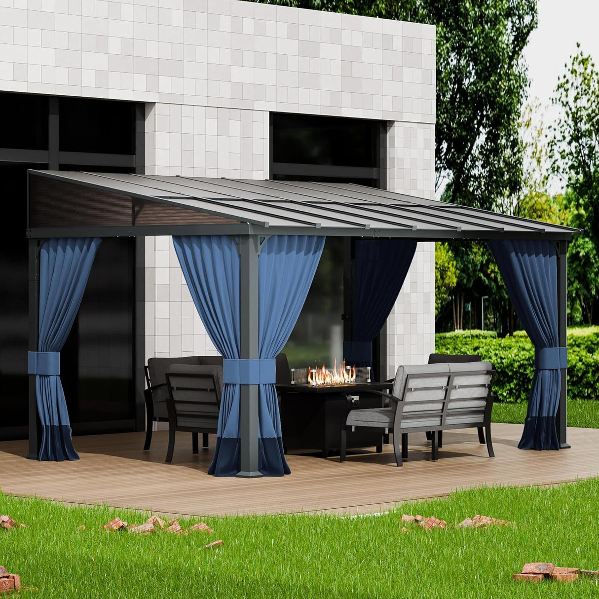 10x14FT Gazebo, Hardtop Wall Mounted Gazebo with Sloping Sun Panel Roof, Awnings for Patio with Metal Frame, Double Curtains for Garden, Lawn, Backyard Deck, Sand ASJMR