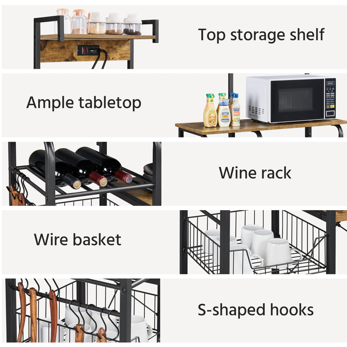 Yaheetech Kitchen Bakers Rack with Power Outlet, Coffee Bar Microwave Stand with Wire Basket and Wine Rack & 10 S-Hooks, Kitchen Island with Storage for Spices/Pots/Pans, Rustic Brown Yaheetech