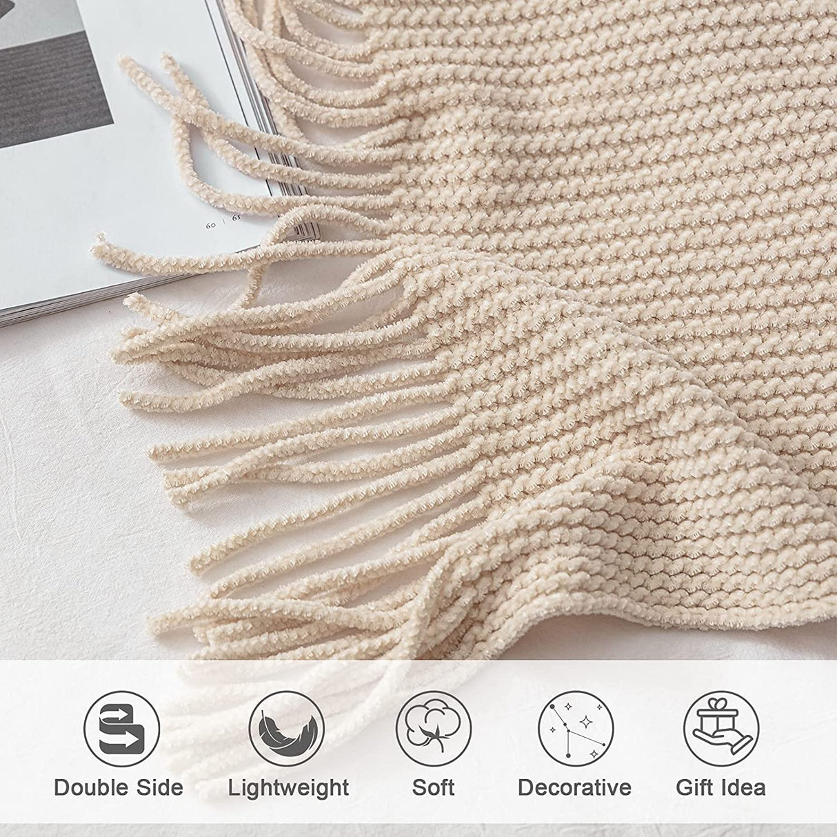 lifein Throw Blanket for Couch-Soft Boho Bed Throw Blankets,Cozy White Chenille Knitted Throw,Small Knit Farmhouse Lightweight Blanket&Throw for Summer,Woman,Chair,Sofa,Home Decor(White/Cream,60*80") lifein