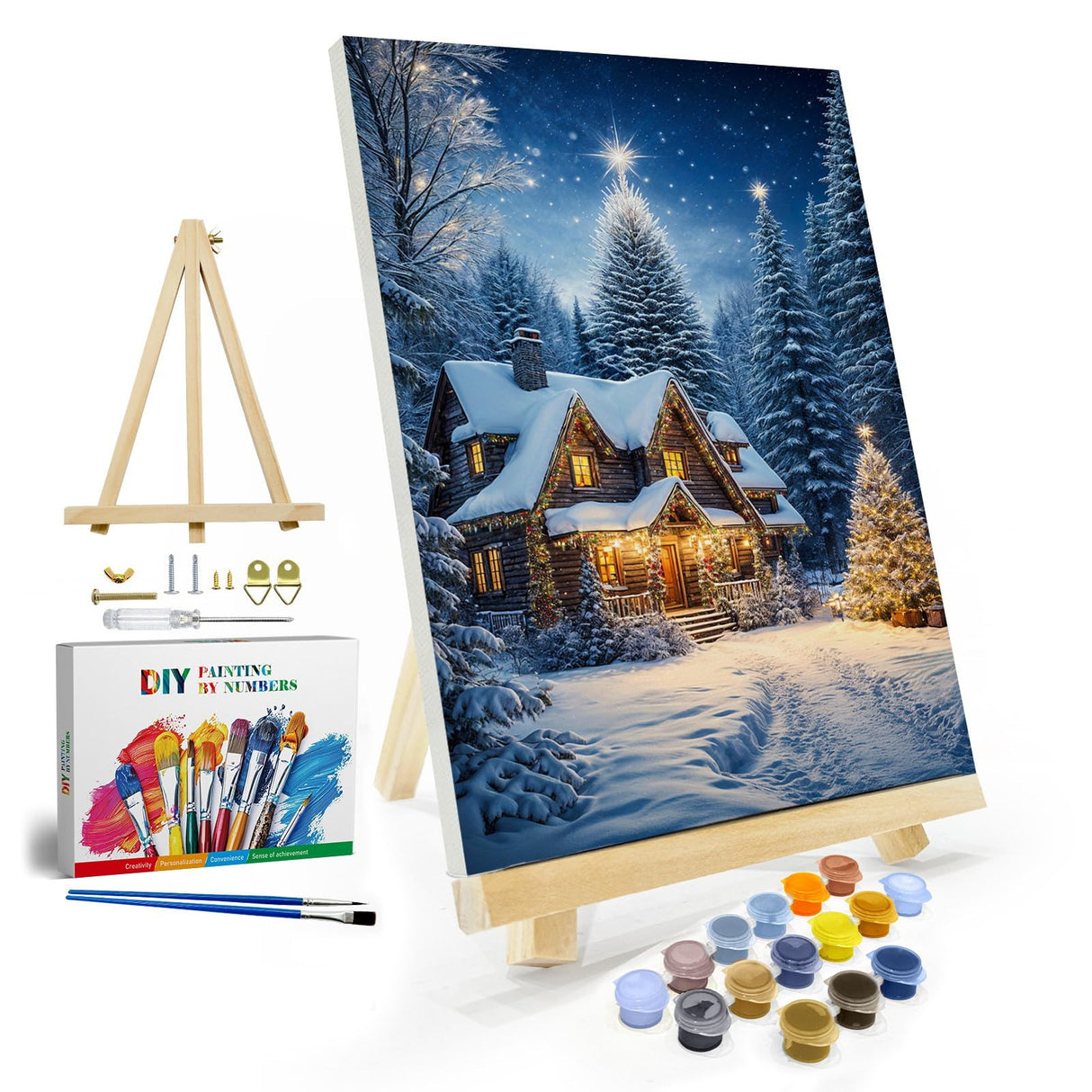 JOOZ Christmas Paint by Numbers Kit for Adults with Frame, Winter House Paint by Number with Easel, DIY Christmas Framed Paint by Number Kits for Gift Home Wall Decor 8x12 Inch JOOZ
