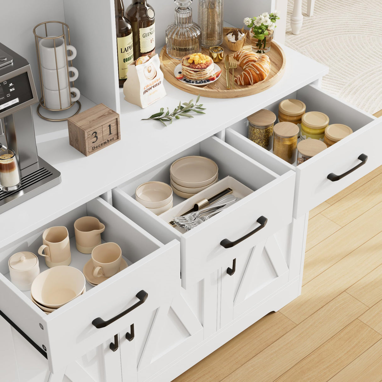 HOSTACK Buffet Cabinet with Hutch, Modern Farmhouse Kitchen Buffet Sideboard Storage Cabinet with 3 Drawers, Barn Door Coffee Bar Station, Liquor Cabinet for Dining Room, Living Room, White HOSTACK