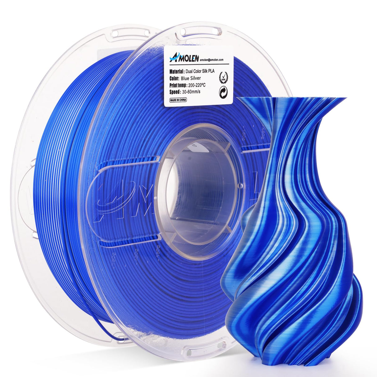 AMOLEN Silk PLA 3D Printer Filament, Dual Color Blue Silver PLA 1.75mm, Shiny Color Change Filament 3D Printing PLA Filament for Most FDM 3D Printer, 1kg Spool(2.2lbs) AMOLEN