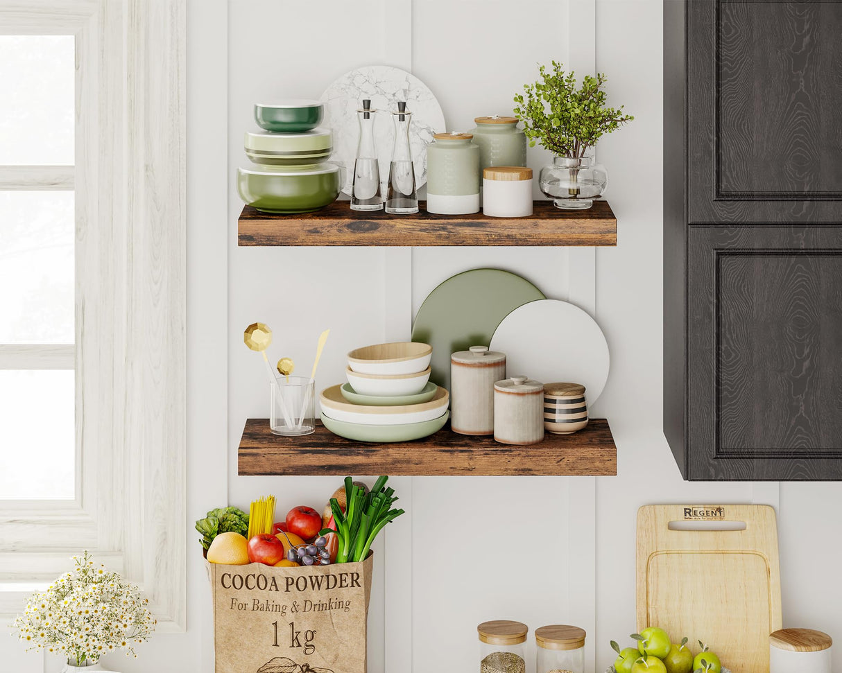 Fixwal 15.8in Floating Shelves, Set of 6 Wood Shelves, Farmhouse Shelf Wall Decor for Bathroom, Bedroom, Living and Kitchen Room (Rustic Brown) Fixwal