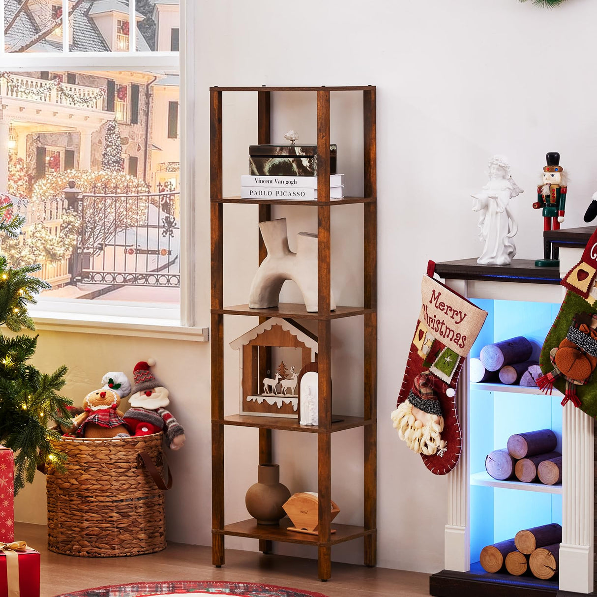 YUFAM 54in Tall Bookshelf 5-Tier Small Narrow Bookcase, Skinny Book Shelf for Small Space, Farmhouse Slim Shelf with Storage, Wood Freestanding Display Thin Bookshelves for Living Room, Office, Brown YUFAM