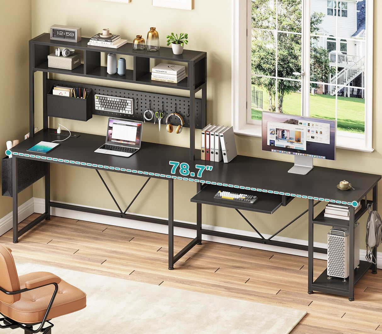 SEDETA L Shaped Gaming Desk with Hutch, 57.5” Reversible Corner Computer Desk with Storage Shelves, Gaming Desk with Pegboard, LED Lights, Power Outlet, Keyboard Tray and Storage Bag, Black SEDETA