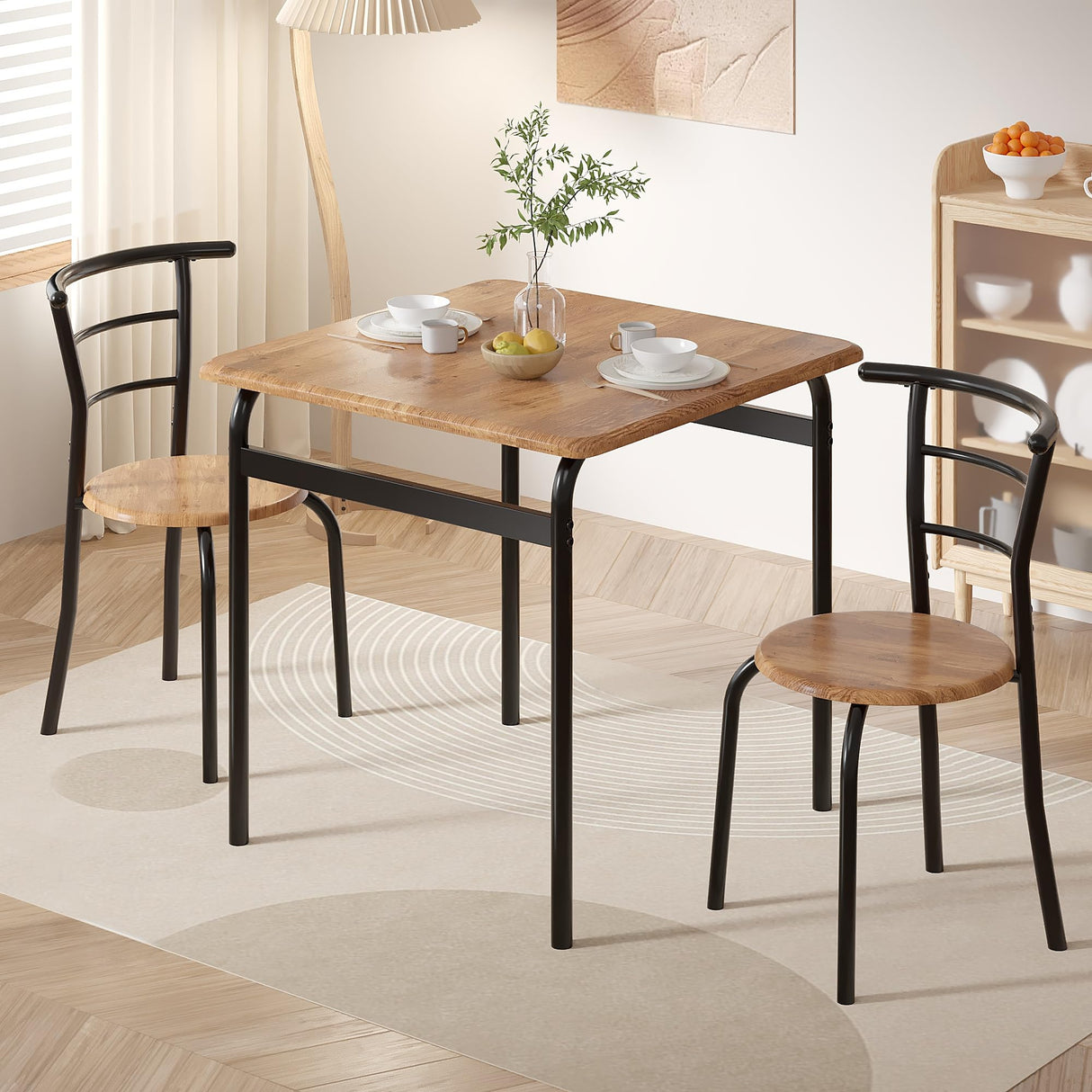 VECELO 3 Piece Dining Table & Chairs Set for 2, Metal and Wooden Square Kitchen Dinette Set for Small Space, Breakfast Nook, Saving Space, Brown VECELO