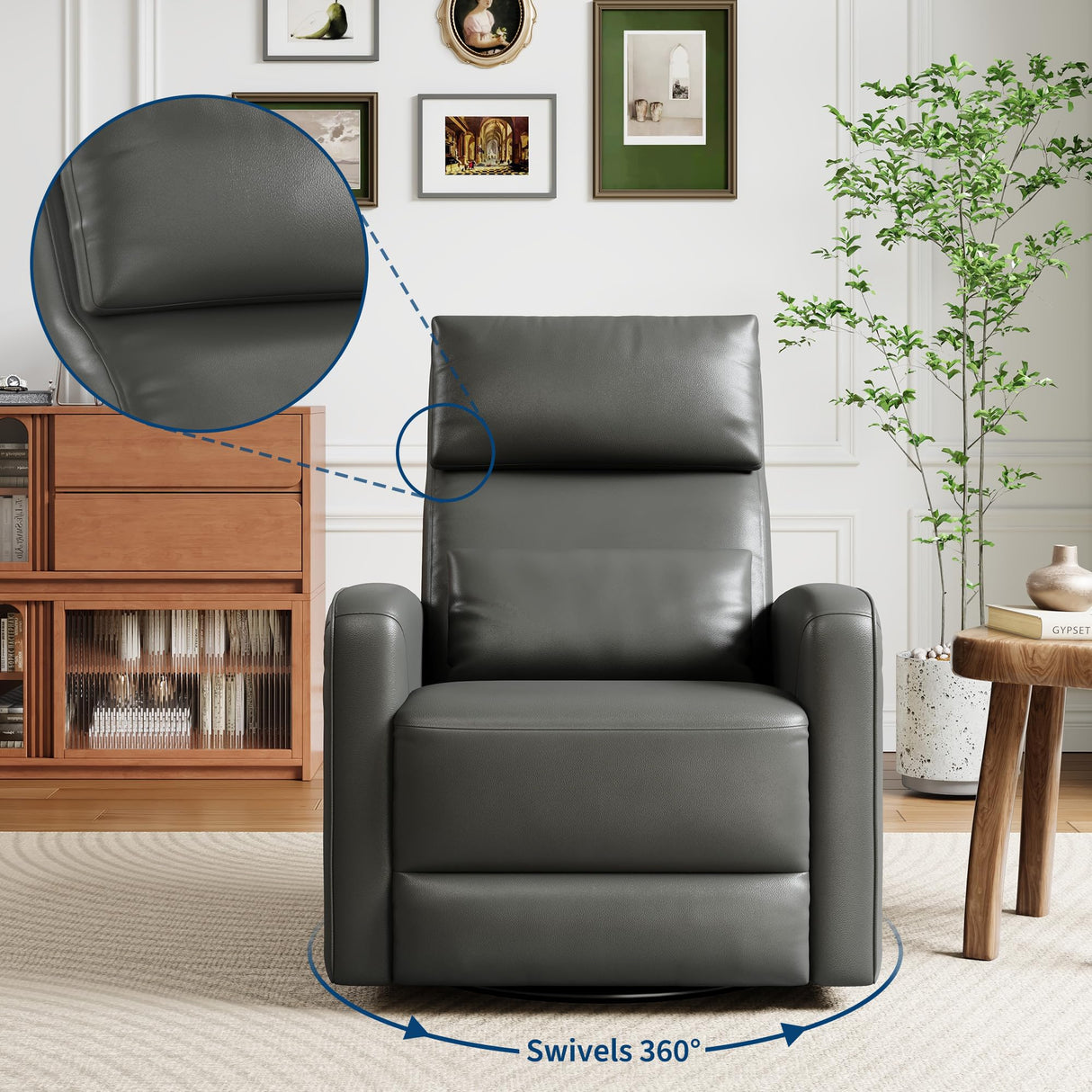 Adult Manual Recliner Chair, 360° Swivel Sofa Rocker, Faux Leather Single Sofa with Adjustable Backrest and Footstool, Modern Wingback Recliner with Hidden Pull Tabs, Living Room Armchair, Gray IDEALHOUSE