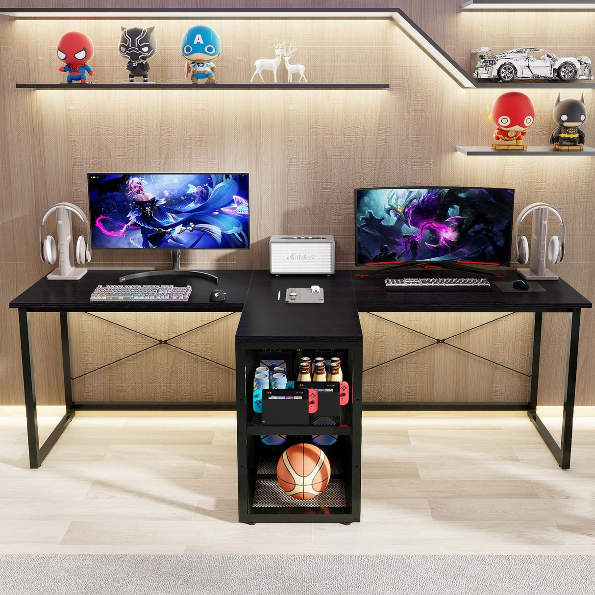 Natwind Two Person Desk with Storage Shelves, 92.5" Double Computer Desk with PC case Stand for Home Office, Home Craft Table Workstation, Heat Press Table, Long Gaming Desk,Black Natwind