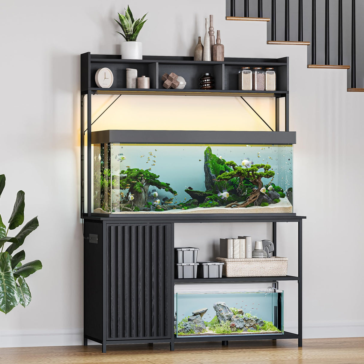 BELLEZE 55-90 Gallon Aquarium Stand with LED Lights, Fluted Cabinet For Fish Tank Accessories Storage, Heavy Duty Metal & Power Outlets, 1200 LBS Capacity, Turtle Tank Reptile Terrarium, Black Ebony BELLEZE