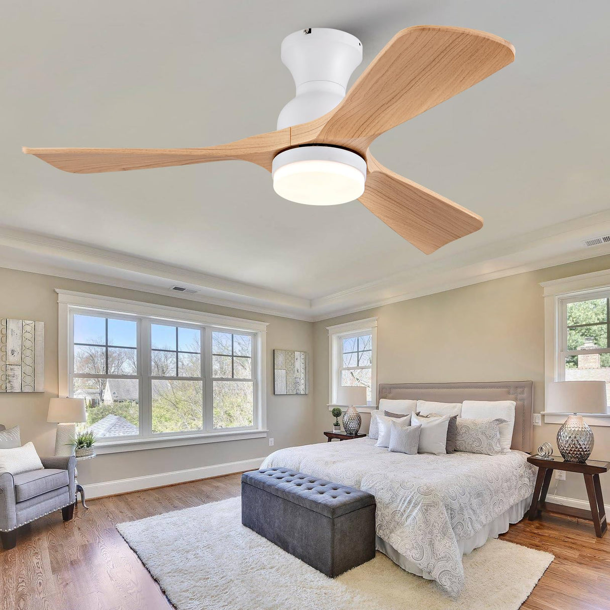 OMYU 42 inch Flush Mount Ceiling Fans with Lights, Quiet Reversible DC Motor, High Hardness Moisture-Proof Blades, Modern Low Profile Ceiling Fan with Light for Outdoor Indoor Farmhouse OMYU