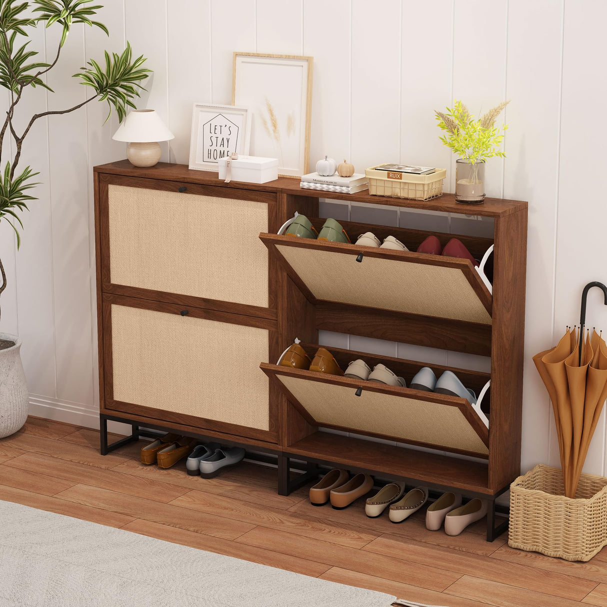 AVZEAR Freestanding Shoe Organizer with 2 Flip Drawer Doors, Entryway & Closet Shoe Storage, Linen Doors, Walnut AVZEAR