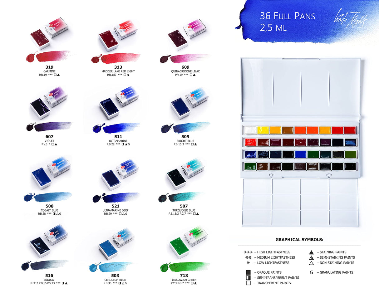 White Nights Professional Watercolor Set 36 Full Pans 2.5ml Extra Fine Artists Grade Pigments Vibrant and Lightfast Colors in Durable Plastic Box Art Supplies for Artists by Nevskaya Palitra Handy Stamps Quality Value Speedy Service