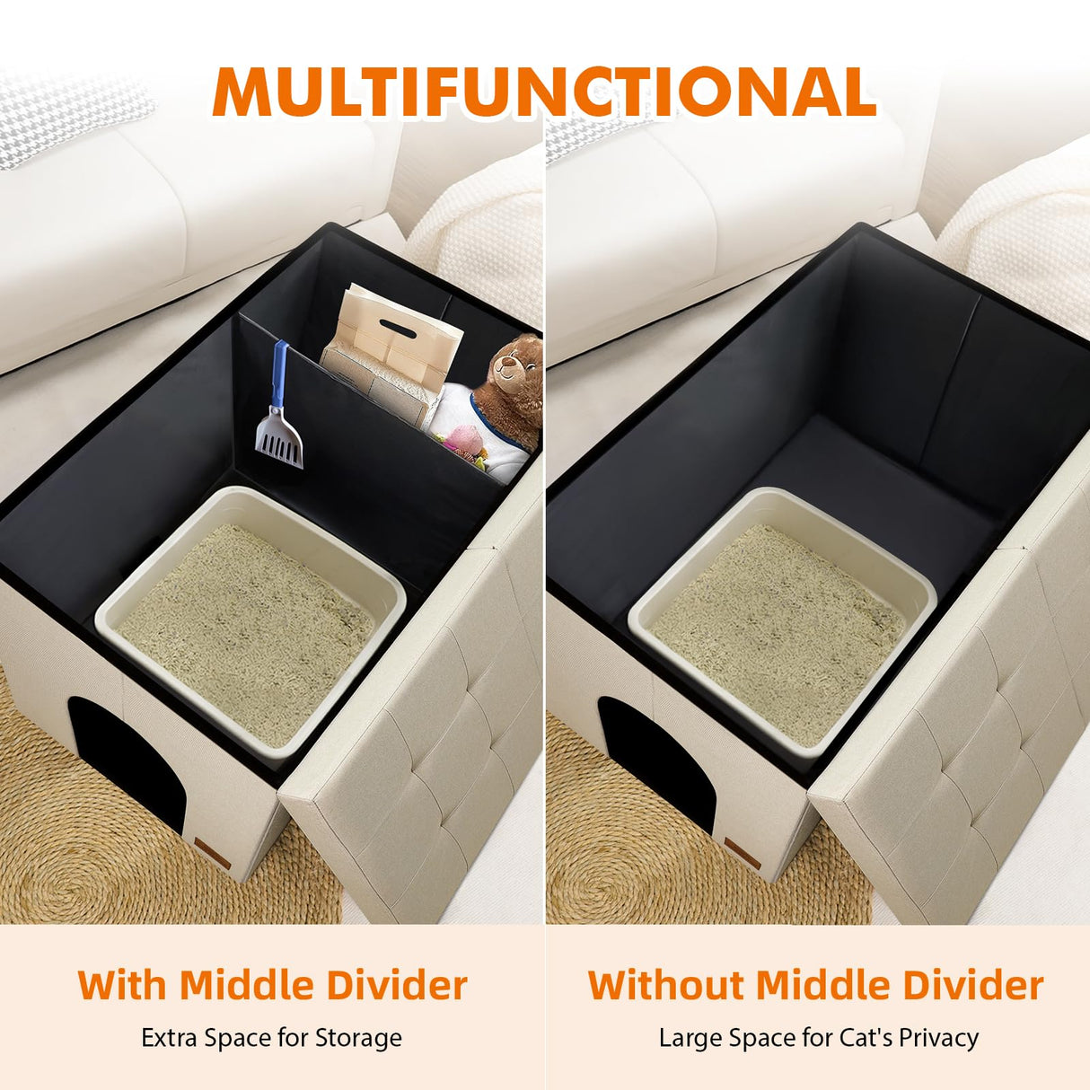 Zerbuger Cat Litter Box Enclosure Furniture for Odor Control, Hidden Cabinet Cats Litter Ottoman with Flip-Up Lid,Cat Litter Box Bench with Storage Space, Dog Proof (Cream, Large) Zerbuger